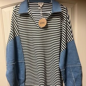 BiBi Black and White Striped Top with Blue Accents